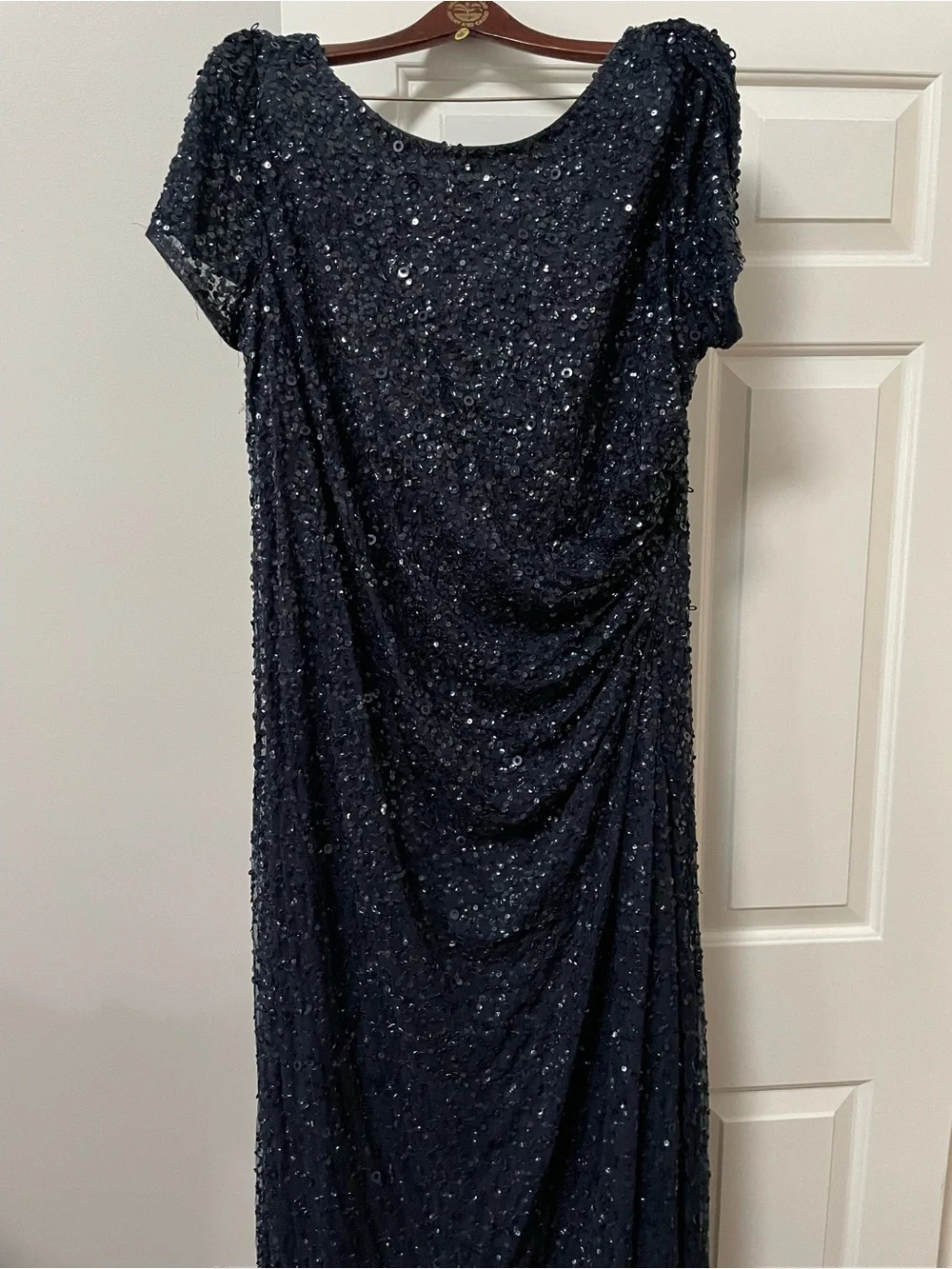 Adrianna Papell Navy Sequin Draped Maxi Dress